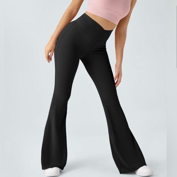 Halara Crossover High Waisted Back Pocket Super Flare Legging Black - Picture 2 of 10